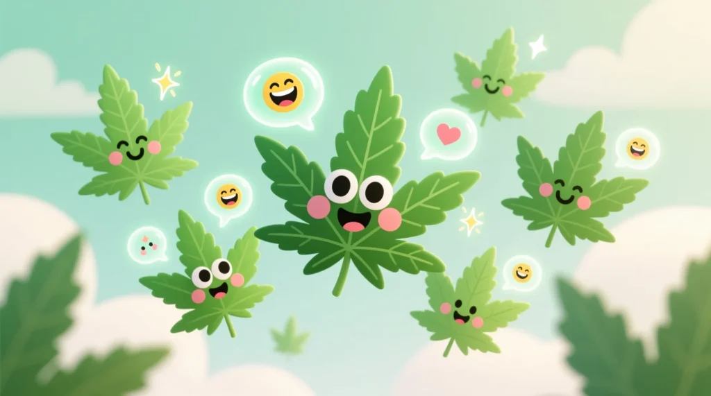 Funny weed puns illustration with smiling green leaves, lighthearted cannabis humor image, playful giggle vibes