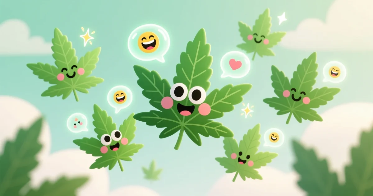 Funny weed puns illustration with smiling green leaves, lighthearted cannabis humor image, playful giggle vibes