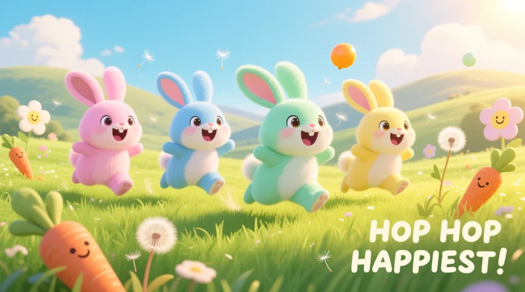 Funny rabbit puns illustration with laughing cartoon bunnies, playful meadow scene, cheerful and whimsical humor image