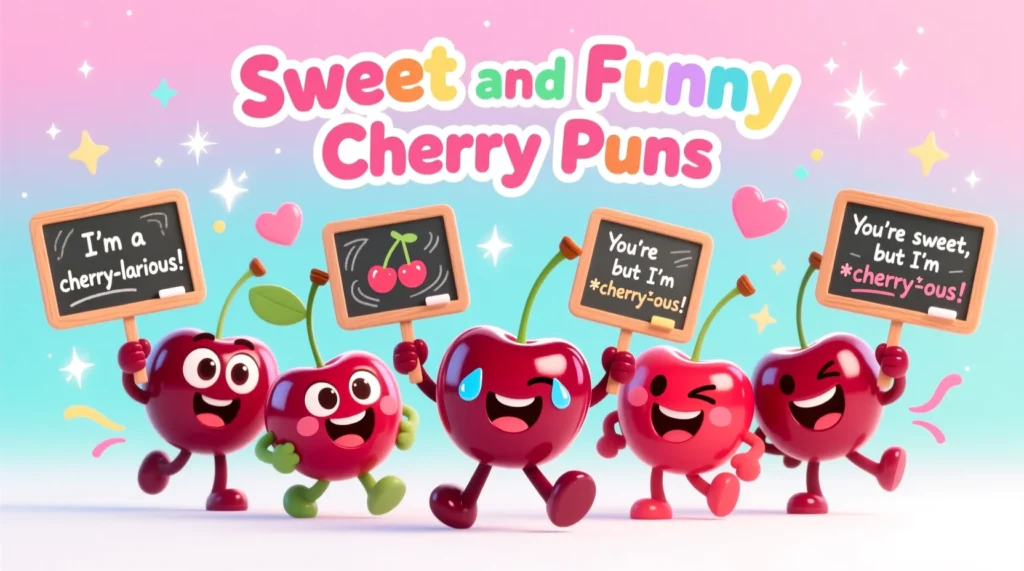 Sweet and funny cherry puns illustrated with cute smiling cartoon cherries, bright colors, and playful expressions on a cheerful background.