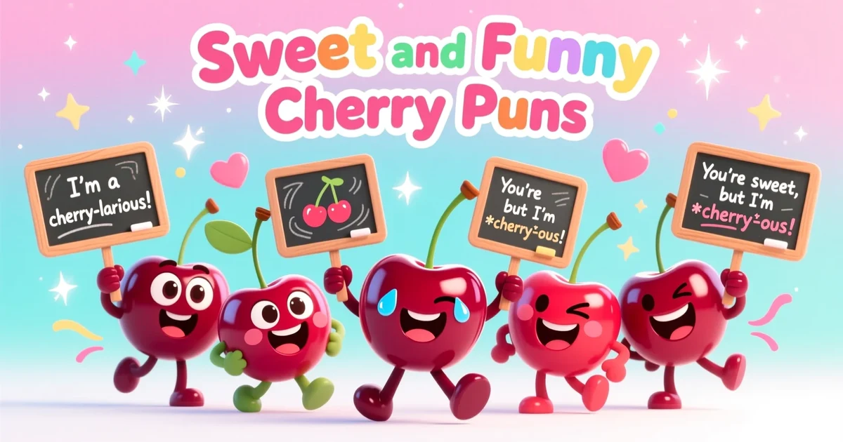 Sweet and funny cherry puns illustrated with cute smiling cartoon cherries, bright colors, and playful expressions on a cheerful background.