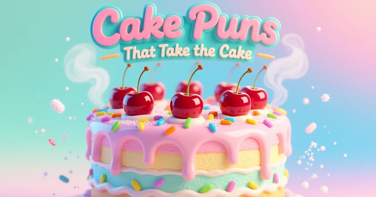 Cake puns illustration featuring a frosted layered cake with sprinkles and icing, representing sweet and funny cake puns humor.