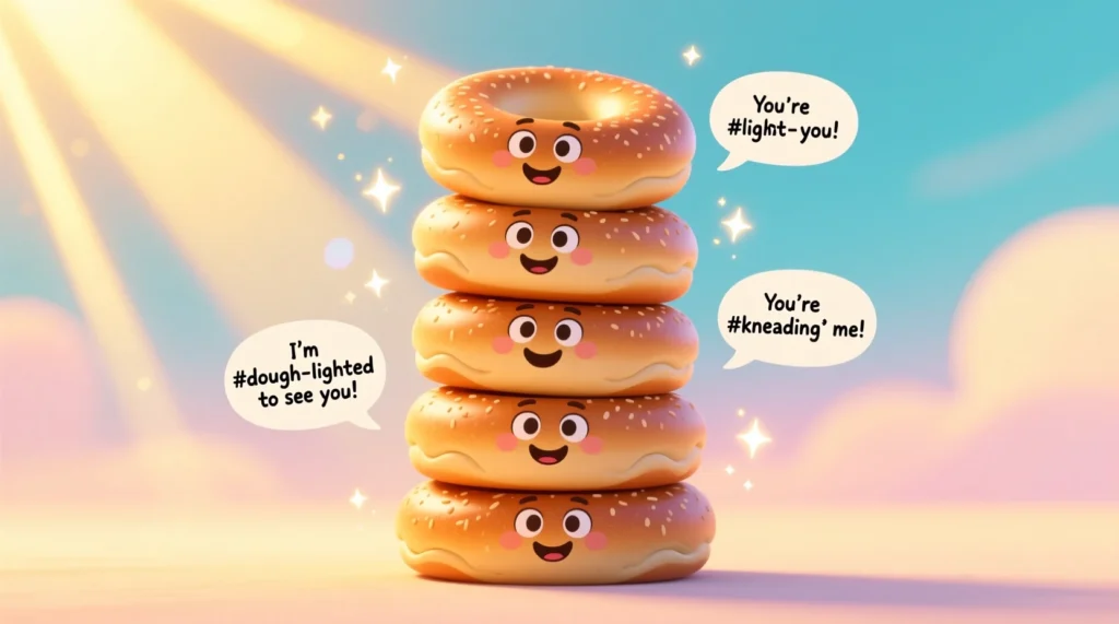 Cartoon bagels with smiling faces and speech bubbles showing classic bagel puns, set against a bright playful background.