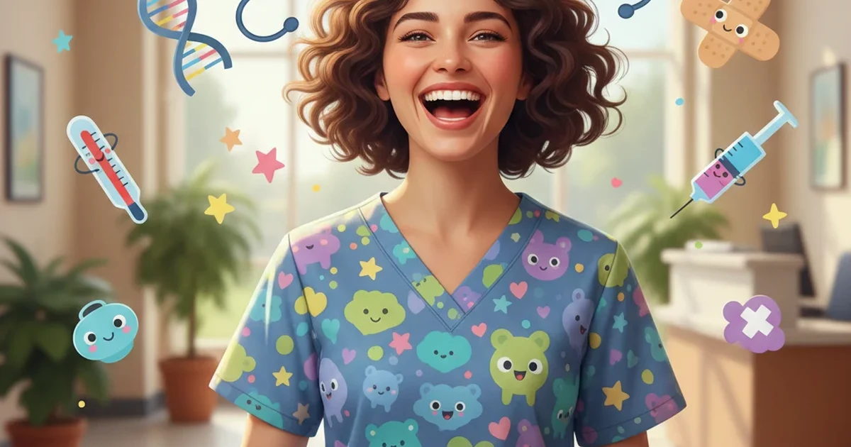 A cheerful nurse in colorful scrubs laughing in a hospital setting, surrounded by playful medical icons, bright and friendly style.