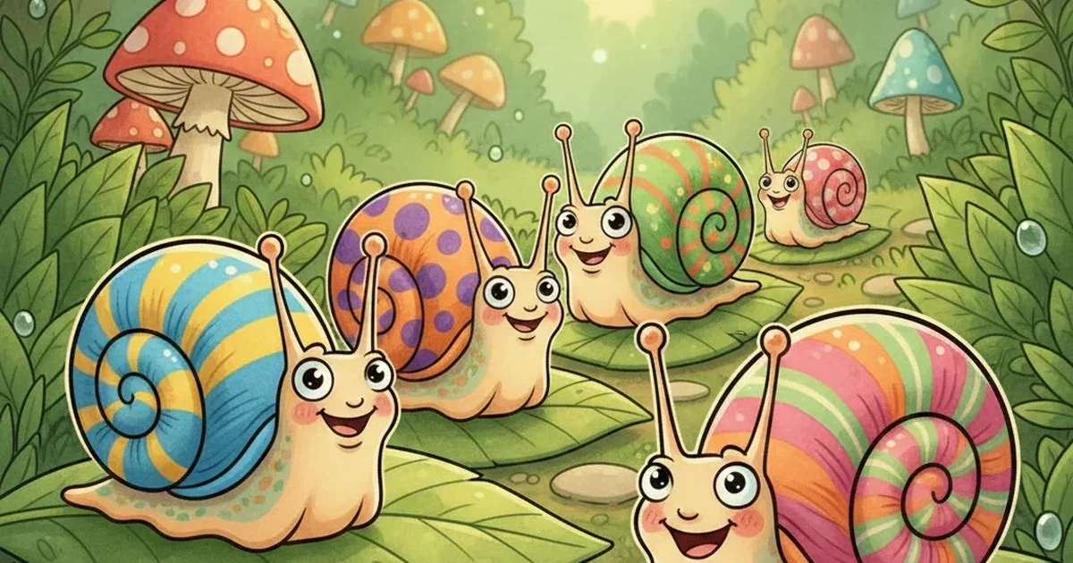 Funny snail puns illustration with smiling cartoon snails crawling slowly, playful garden humor image, lighthearted vibes