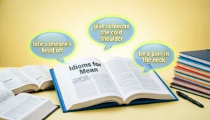 Idioms for mean English learning guide illustration with books and speech bubbles