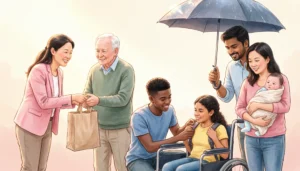 People showing kindness and helping each other in daily life concept illustration