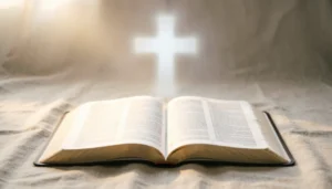 Open Bible with glowing light and cross symbol representing idioms for Jesus and religious expressions