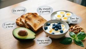 Idioms for hungry illustrated with food and expressive English phrases concept image