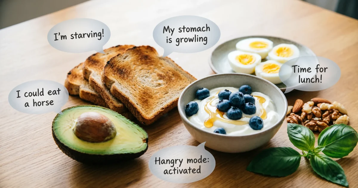Idioms for hungry illustrated with food and expressive English phrases concept image