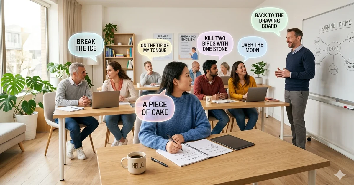 Students learning idioms for learning in a classroom with English notes and speech bubbles