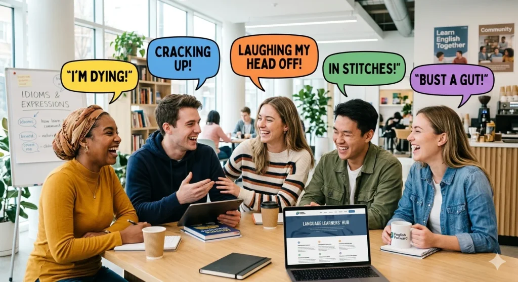 People laughing together while learning idioms for laughing in English with fun expressions and examples