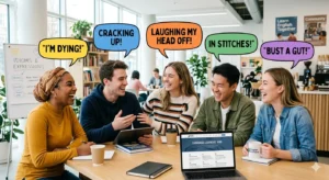 People laughing together while learning idioms for laughing in English with fun expressions and examples