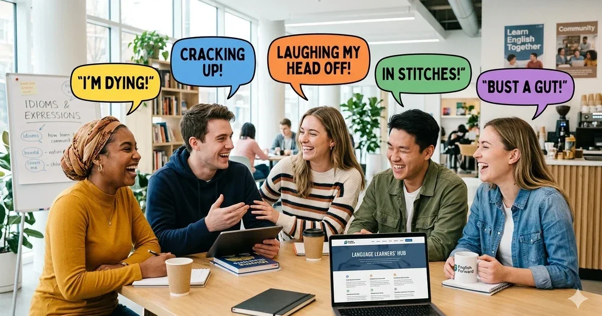People laughing together while learning idioms for laughing in English with fun expressions and examples