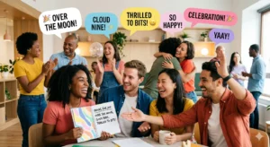 People expressing happiness while learning idioms for joy in English
