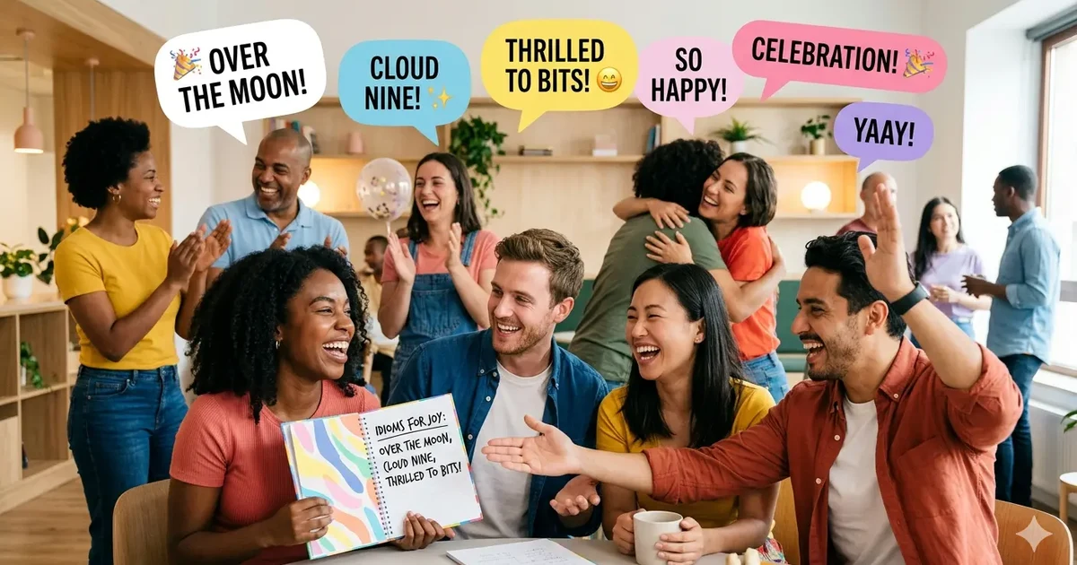 People expressing happiness while learning idioms for joy in English