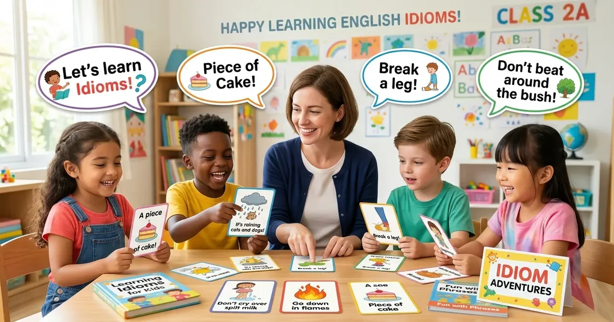 Kids learning English idioms with colorful vocabulary cards