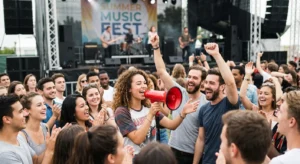 Idioms for loud with examples of noisy crowds, loud voices, and energetic reactions