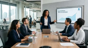 Professional leader guiding a team during a business meeting representing powerful idioms for leadership and workplace success.