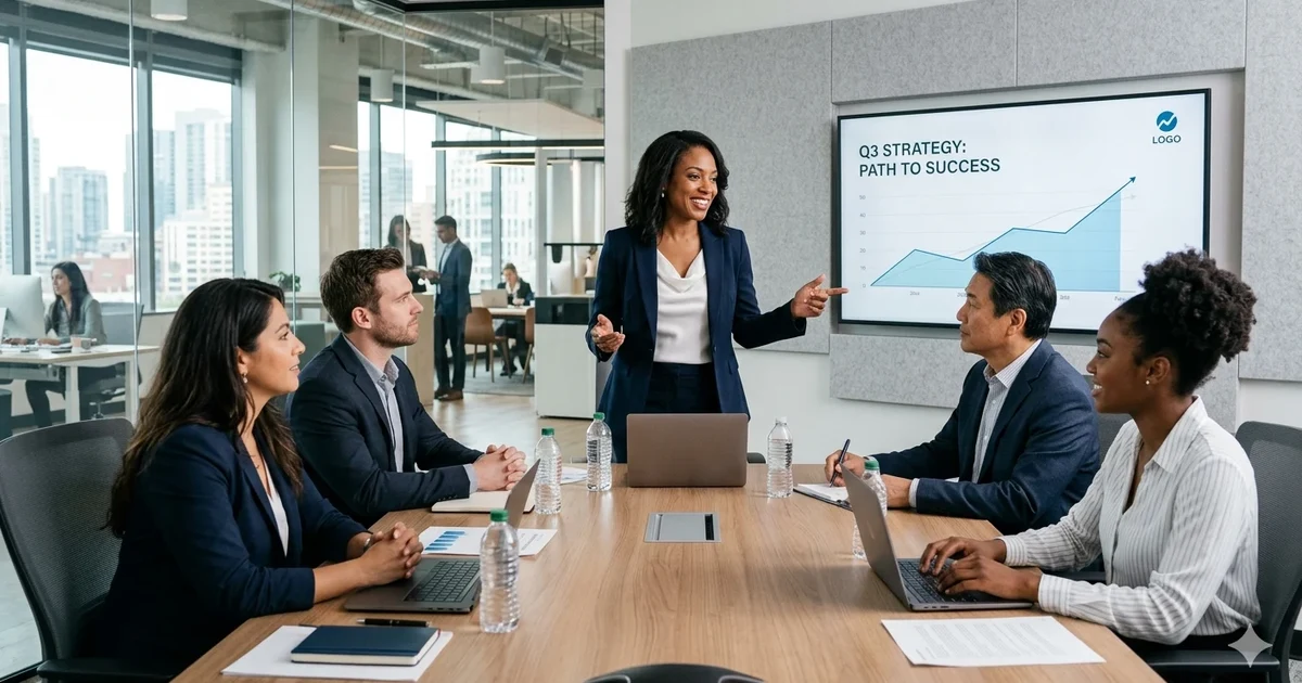 Professional leader guiding a team during a business meeting representing powerful idioms for leadership and workplace success.
